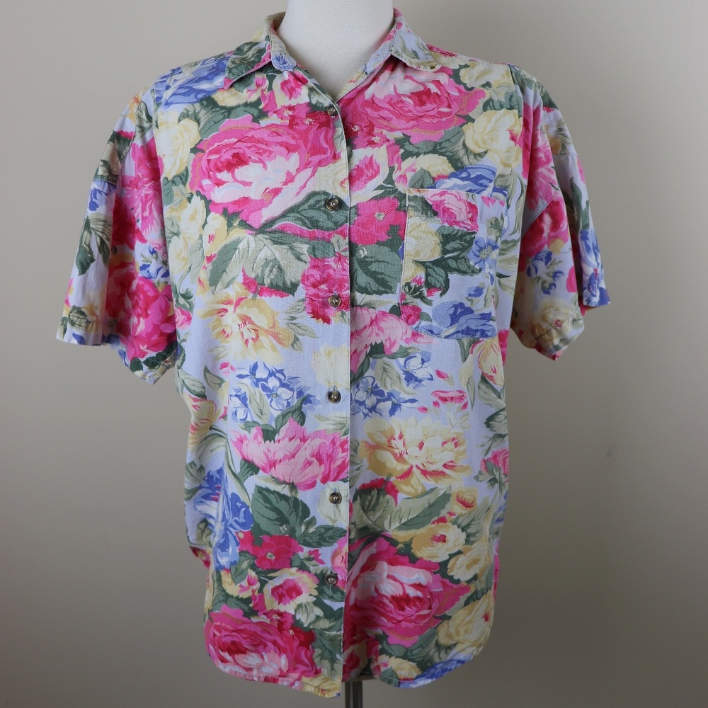 Floral Cotton Blouse Button Front Size Medium